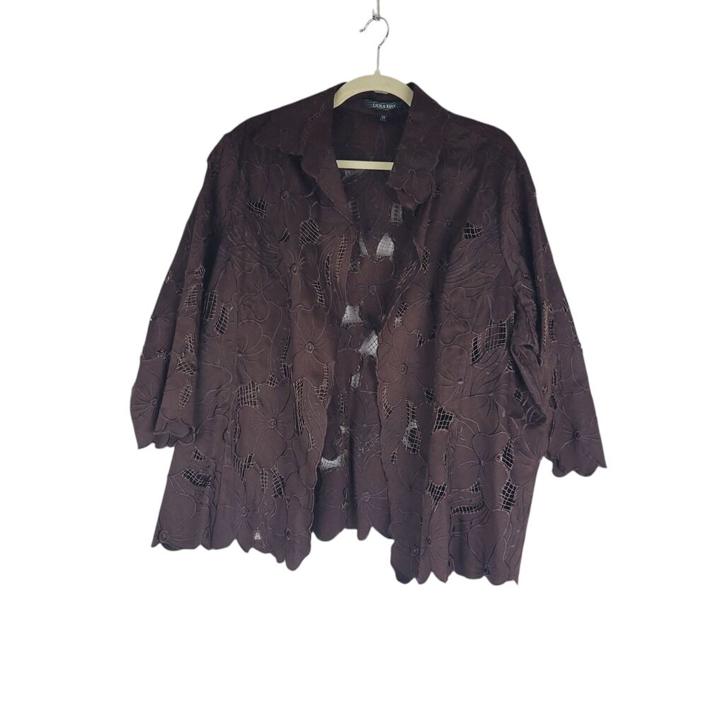 Laura Max Top Floral Cut Out 3/4 Sleeve Open Blouse Brown Women's size 2X